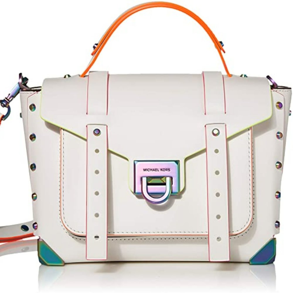 MICHAEL KORS MANHATTAN MEDIUM OPTIC WHITE NEON CROSSBODY SCHOOL SATCHEL …